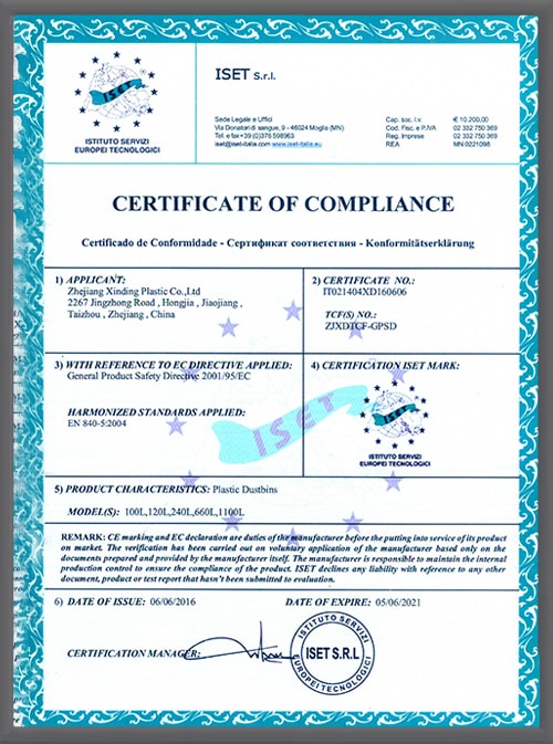 EN 840-5:2004 certificate of compliance for XDPC plastic dustbins from 100 to 1100 litres, issued by ISET Italy