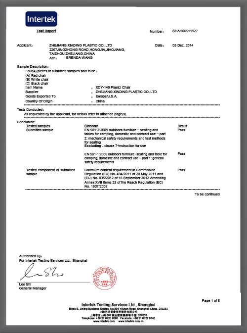Intertek test report confirming XDPC outdoor plastic seating meets EN 581 mechanical safety and REACH requirements