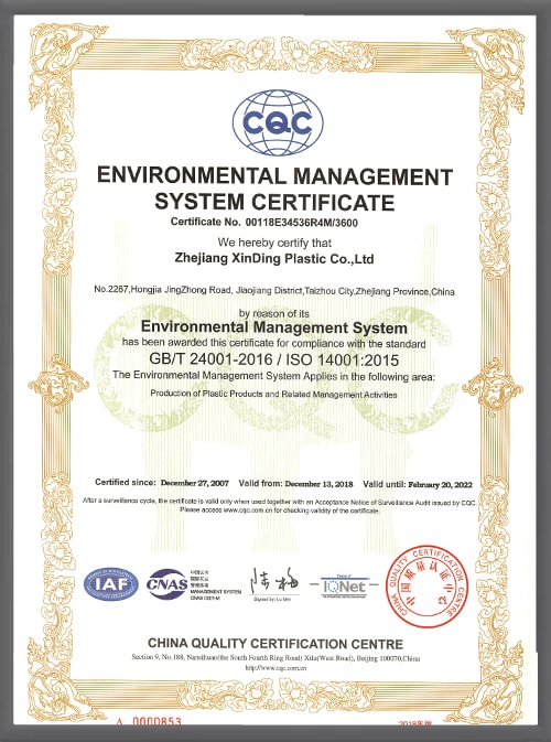 ISO 14001:2015 environmental management system certificate issued by China Quality Certification Centre to Zhejiang XinDing Plastic