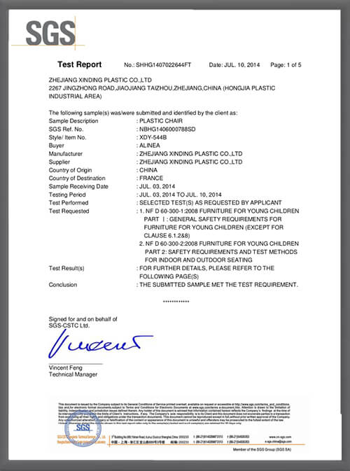SGS test report confirming XDPC plastic chairs meet the French NF D 60-300 safety requirements for children's furniture