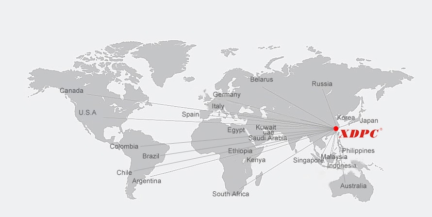World map showing the XDPC export network radiating from the company's headquarters in Taizhou, China to customers in more than 100 countries across six continents